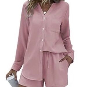 NWOT Women's Pink Two-Piece Lounge Set - Button Front Top & Shorts